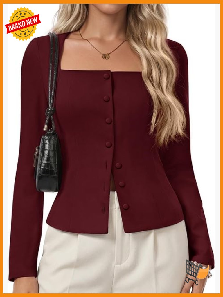 Square Neck Long Sleeve Blazer Jacket Women Casual Business Office